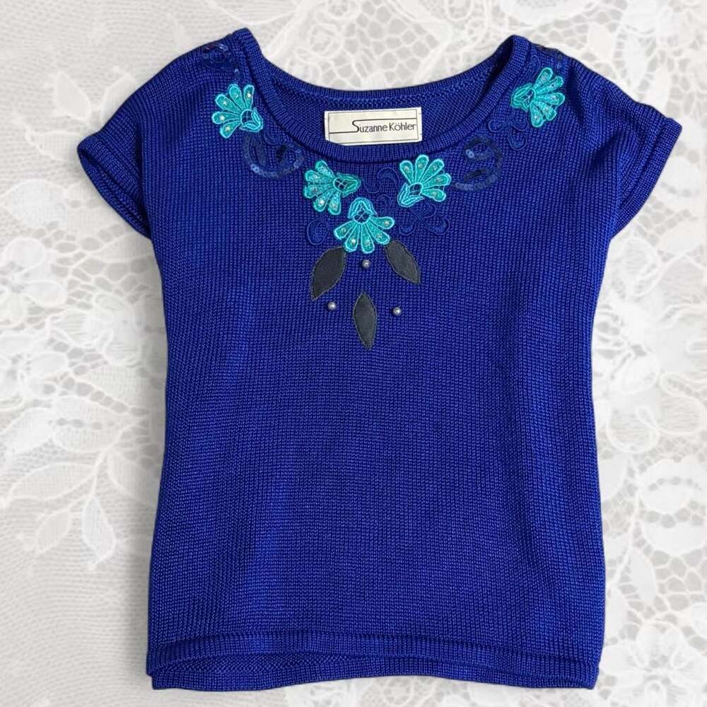 Suzanne Köhler Royal Blue Embroidered Knit Short Sleeve Top